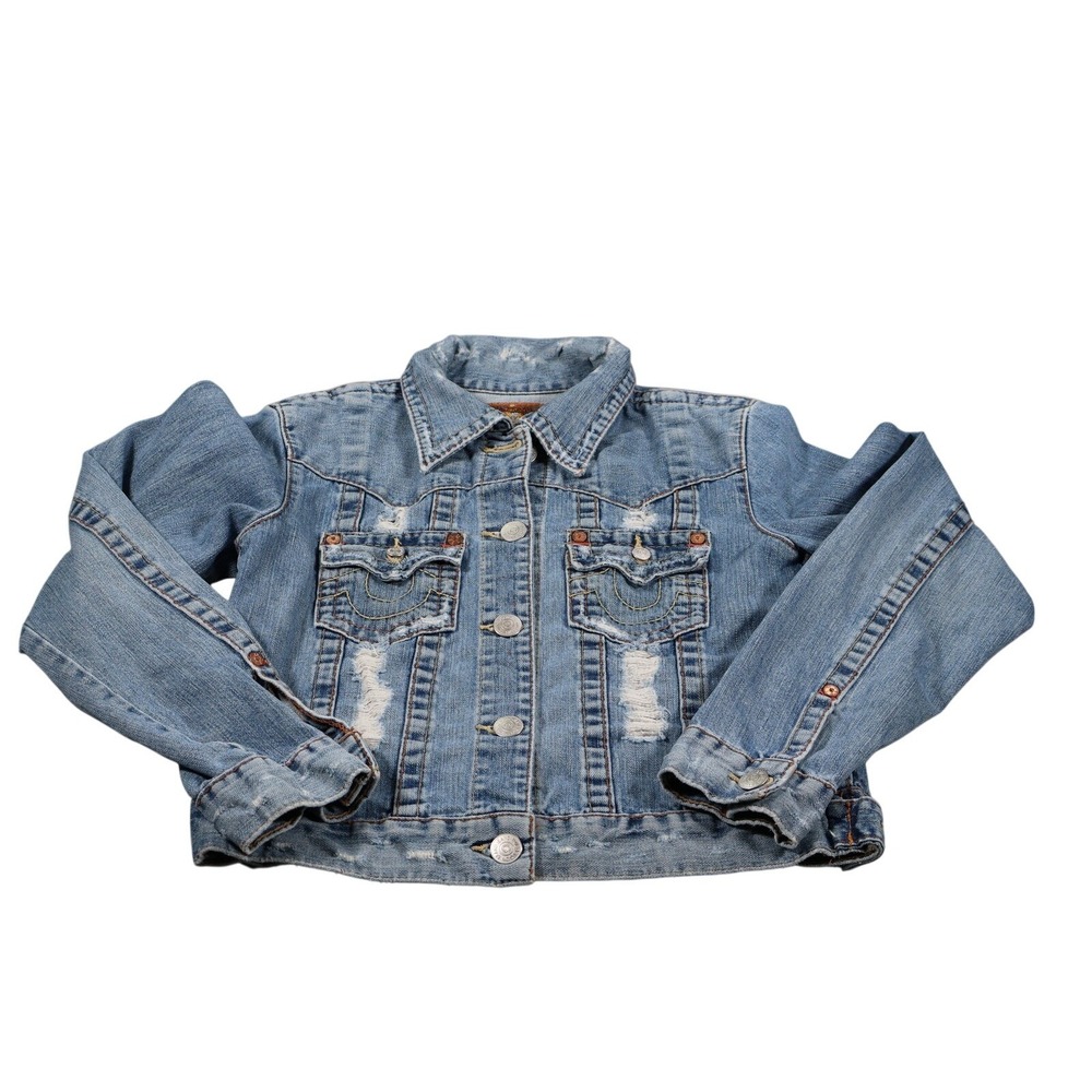 True Religion‎ Jacket Kids L Blue Light Wash Distressed Denim Trucker Jacket